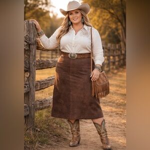 Genuine Leather Brown Midi Skirt | Size 16 | Side
Zip | Elastic Waist